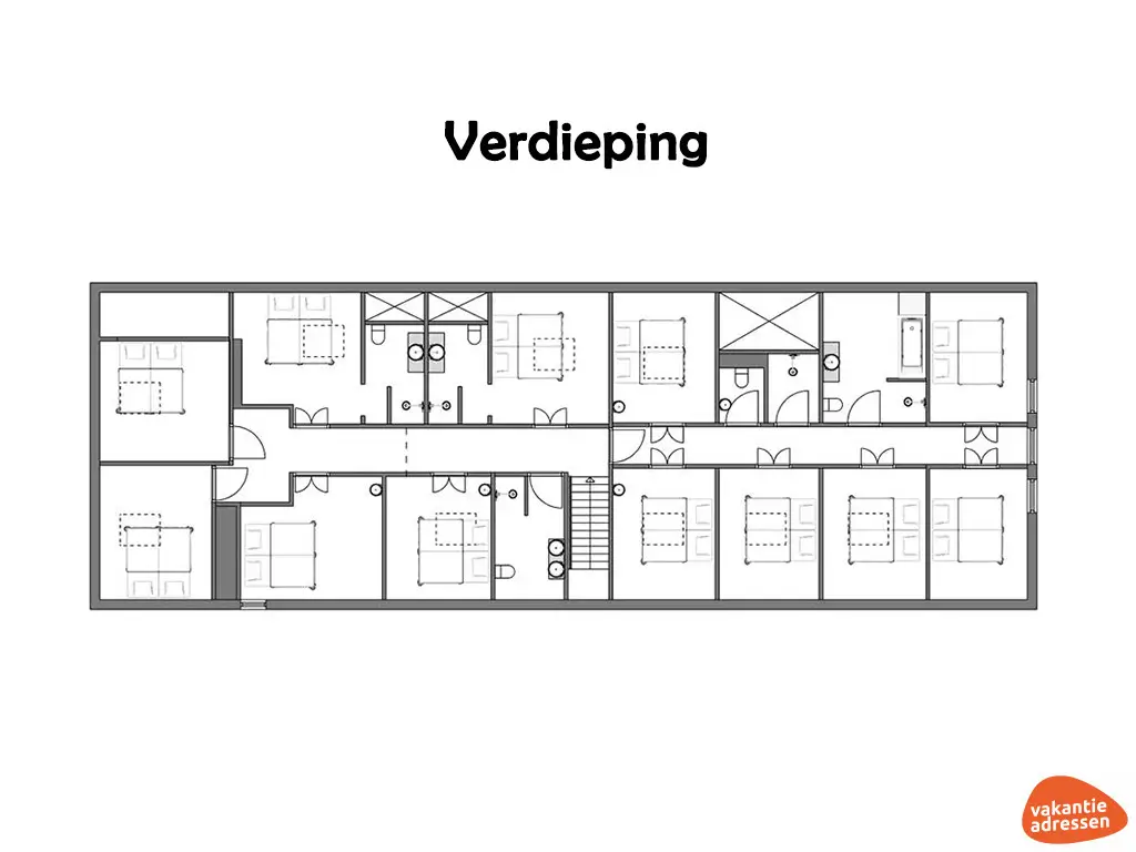 Vakantiehuis in Sevenum (Limburg) voor 30 personen met 15 slaapkamers.